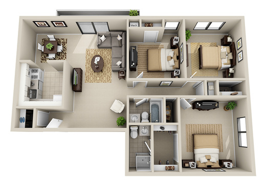 3 Bedrooms 2 Bath (3D)
